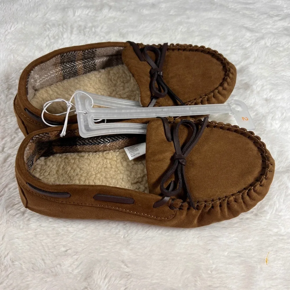Cat &‎ Jack Kids Moccasin Slippers Brown Size 2 Sherpa Lined Cozy